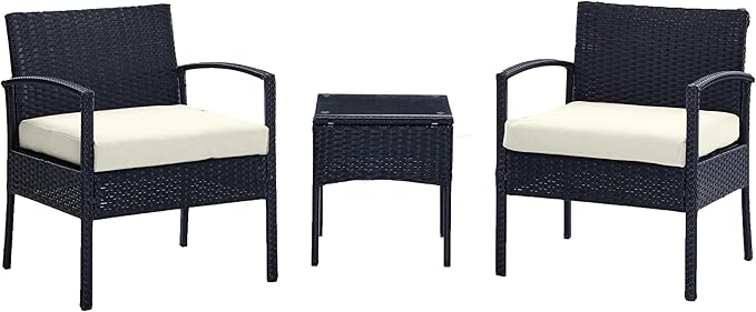 Manhattan Comfort Noli 3-Piece Patio Conversation Set, Outdoor Furniture Made of Steel Rattan | Includes 2 Modern Armchairs, Tempered Glass End Table, Removable Waterproof Cushions, Cream