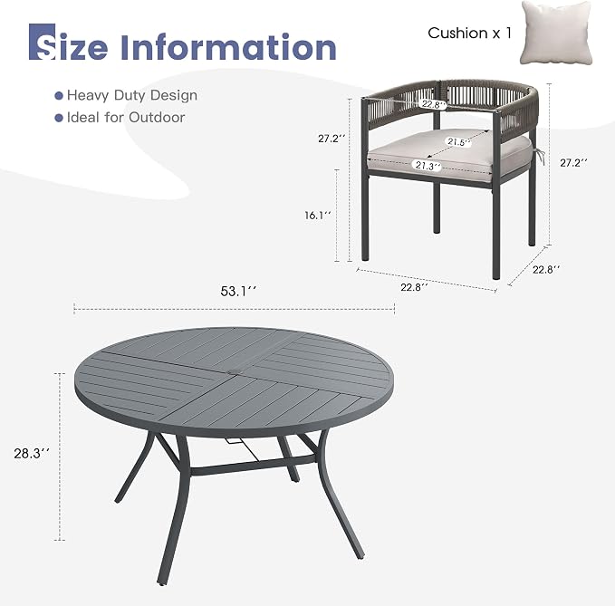 VICLLAX Patio Dining Set, 53.1" Dark Grey Table & 6 Chairs with Wheat Cushion
