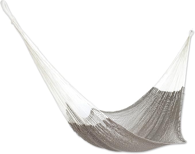NOVICA Grey Hand Woven Cotton Mayan 1 Person Rope Hammock with Hanging Accessories, 'Ashen Beach' (Single)