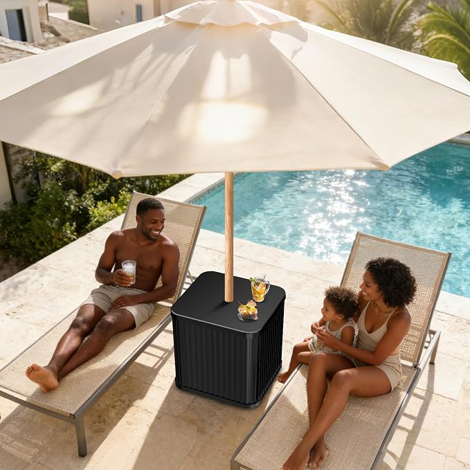 Umbrella Side Table - Hyperzoo Outdoor Patio Table with Umbrella Hole, Heavy Duty Plastic Poolside Table Holds 132 lbs with Water Filled Base, Fits ≤1.5”Umbrella Pole for Poolside & Backyard, Black