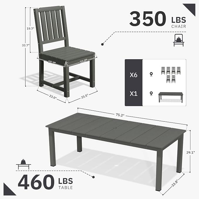 AreShark 7-Piece Outdoor Dining Set,HDPE Patio Table with 6 Armless Chairs,All-Weather Patio Furniture Set with Umbrella Hole,Low Maintenance Wood Grain Dining Set for Backyard,Garden,Poolside,Black