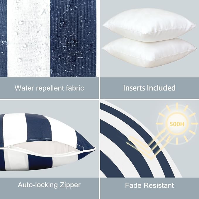 LVTXIII Outdoor Throw Pillows 18x18 Patio Waterproof Square Pillows with Piping Fade Resistant Accent Pillow for Spring Summer Garden Decoration, Set of 2, Cabana Navy
