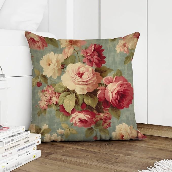 Watercolor Pink Roses Throw Pillow Covers Romantic Aqua Flower Throw Pillow Cover Farmhouse Farmhouse Decor Pillow for Couch Garden Tent Balcony 24x24 in