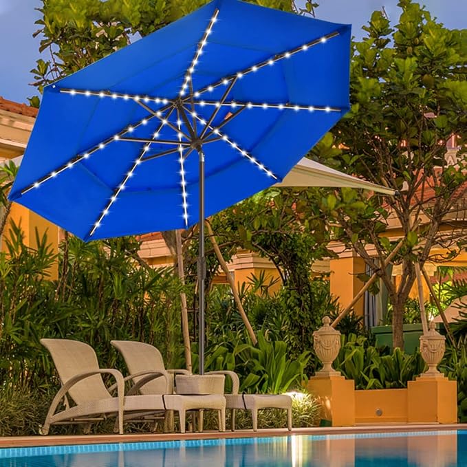 EliteShade USA 10-Year-Non-Fading 9ft 3-Tier Market Patio Umbrella, Commercial Table Umbrella with 80 Solar LED Lights, Crank Open, Windproof & UPF 50+ UV Protection for Garden, Deck, Pool, Backyard, Royal Blue