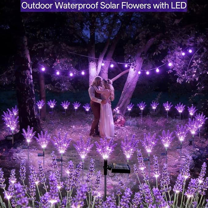 Lavender Solar Garden Lights, 4 Pack Outdoor Waterproof Artificial Flowers, Solar Powered Décor for Yard Pathway Patio Lawn, Halloween Thanksgiving Gifts (112-Light Purple LED)