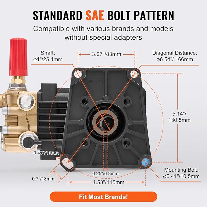 VEVOR Pressure Washer Pump, 1" Shaft Horizontal Triplex Plunger, 4300 PSI, 4.4GPM, Replacement Power Washer Pumps Kit with 5 Nozzles, Compatible with Simpson MorFlex 40224, 40225, 40226, Santoprene