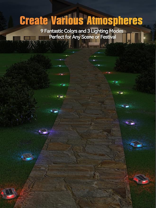 Solar Driveway Lights Solar Dock Lights 9 Colors in 4 Pack, Waterproof IP68, Outdoor, for Driveway Markers, Pathway, Sidewalk, Marine Dock, Warning Step