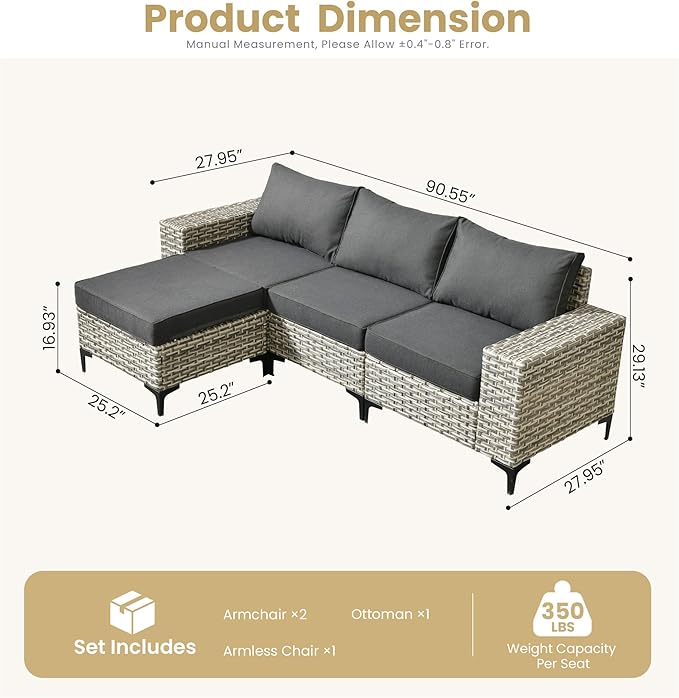 HOOOWOOO Outdoor Sectional Furniture Set,4 Pieces Wicker Patio Conversation Sets,L Shape All Weather Outside Couch Sofa with Ottoman,Black