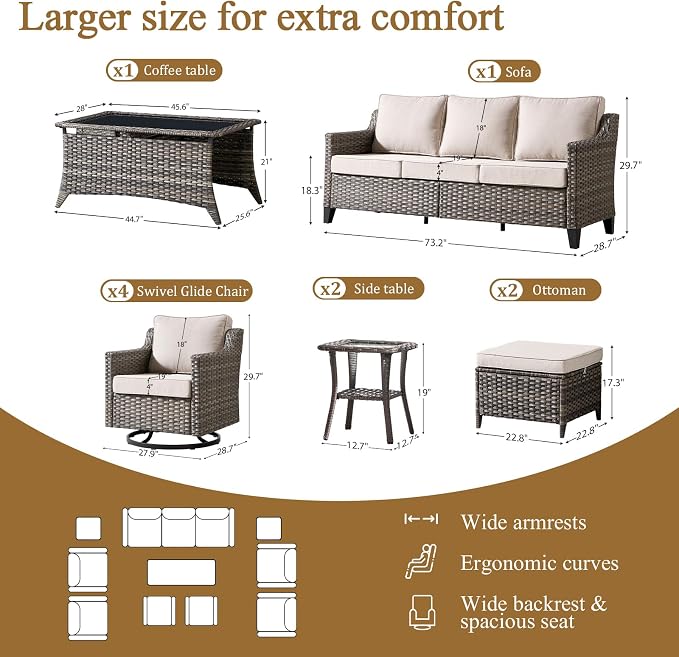 Luxury Patio Furniture sofa Set - 10 Pieces All Weather Wicker Outdoor Couch and High Back Swivel Rocker Patio Chairs with Glass coffee table for Deck Yard and Poolside Gray Wicker | Beige Cushions