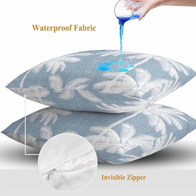 Outdoor Pillow Covers 24x24 Inch Set of 2, Light Blue Palm Trees Waterproof Throw Pillow Covers, Farmhouse Tropical Summer Beach Decorative Cushion Pillowcases for Couch, Sofa, Bed, Garden, Patio