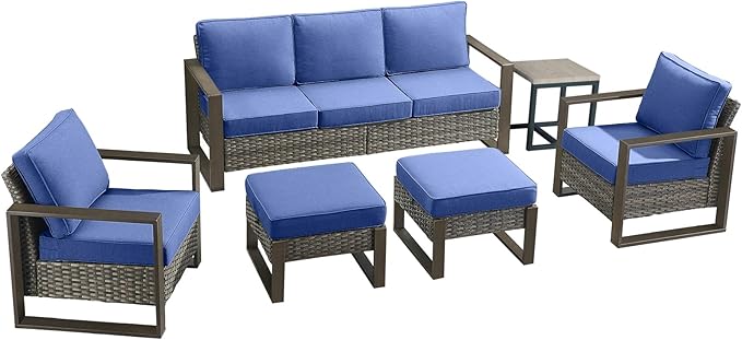 Outdoor Wicker Patio Furniture Set - 6 Piece Patio Conversation Set with 2 Wicker Armrest Chairs,2 Rattan Ottoman,1 Side Table and 1 Couch,Sturdy Frame,Thick Cushions,Deep Seating(Mixed Grey/Blue)