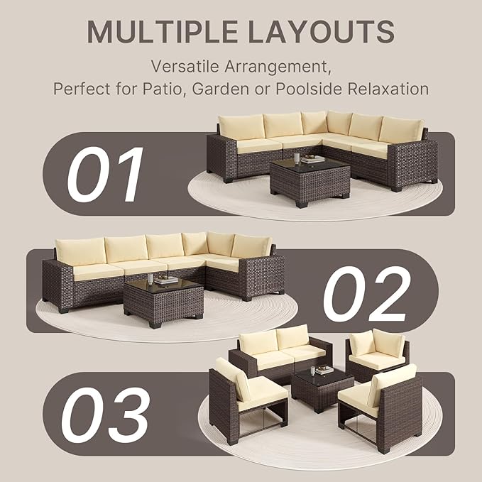 Gizoon 6-Piece Outdoor Patio Furniture Set, PE Wicker Rattan Sectional Sofa Conversation Set with Thickened Cushions, Coffee Table, All-Weather Patio Furniture for Garden, Backyard, Poolside, Beige