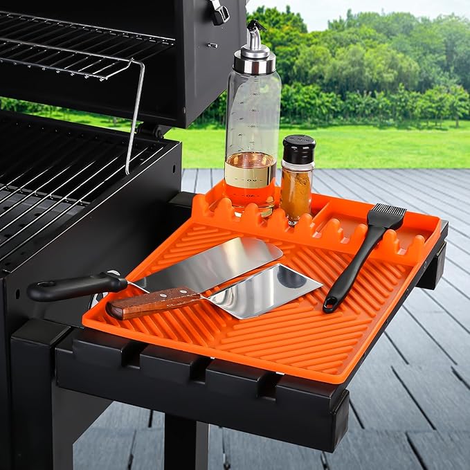 Silicone Tools Mat for Griddle Kitchen Cooking Baking Countertop-Side Shelf Spatula Mat with Drip Pad for Blackstone Weber Traeger Pit Boss Flat Top Grill Smoker- BBQ Accessories Gifts for Men(Orange)