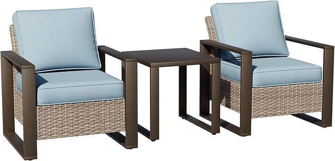 Joyside Outdoor Patio Chairs, 3 Pieces Wicker Rattan Furniture Set, 2 Patio Chairs and 1 Table, Metal Wide Armrest, Thick Cushions and Deep Seating for Garden, Backyard, Porch, Deck