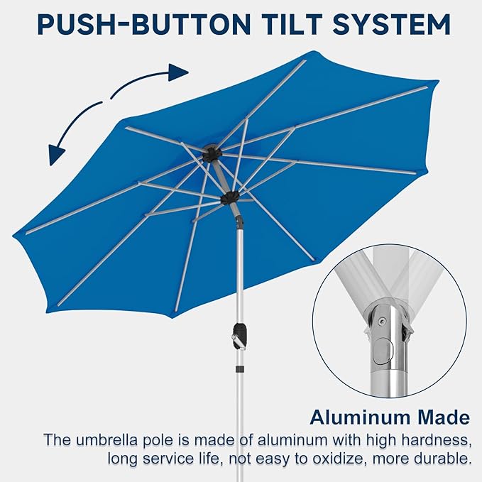 9FT Aluminum Outdoor Patio Umbrella, Fade-Resistant Market Umbrella with Push Button Tilt Function, 8 Sturdy All-Aluminum Ribs for Gardens, Patios, Backyards & Pools