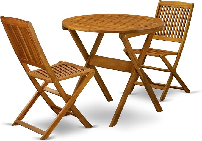 East West Furniture MNCM3CWNA 3 Piece Patio Bistro Sets Wood Folding Table Set Contains a Round Outdoor Acacia Wood Coffee Table and 2 Folding Side Chairs, 30x30 Inch, Natural Oil