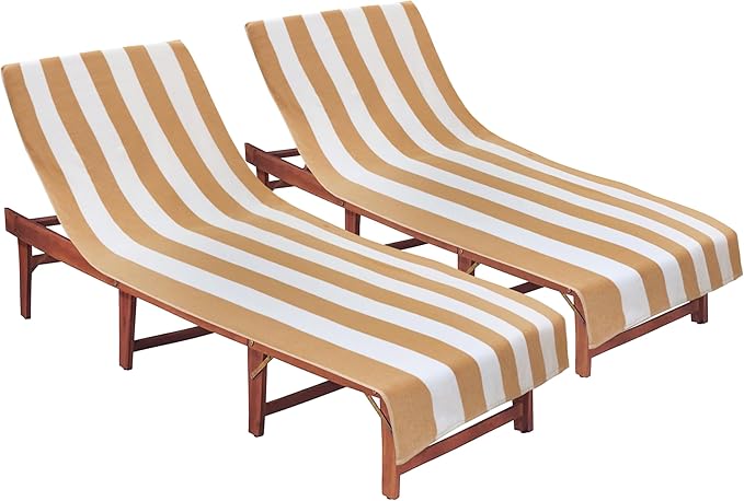 COTTON CRAFT Pool Lounge Chair Cover - 2 Pack Cabana Stripe - Soft Absorbent 100% Cotton Dobby Terry Towel Chaise Lounge Beach Chair Cover - Oversized 32 W x 82 Length x 7 inch Pocket – Linen