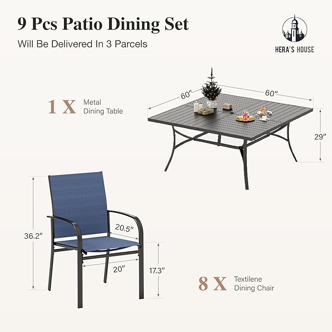 HERA'S HOUSE 9 Pieces Patio Dining Sets, Outdoor Table and Chairs Set of 8, 8 x Blue Textilene Dining Chair, 60" Square Metal Dining Table with 1.57" Umbrella Hole for Lawn Garden Backyard Deck
