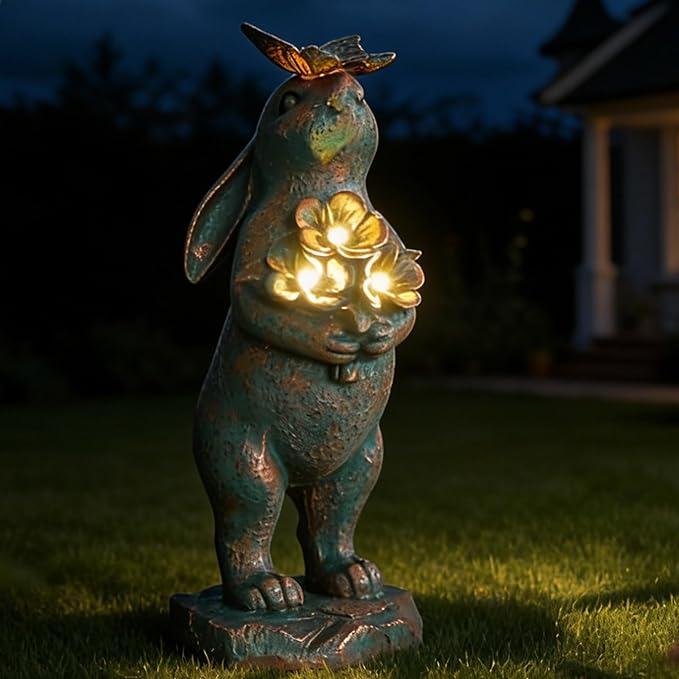 Solar Garden Statues, Resin Bunny Statue w/ Flower, Waterproof Figurine Rabbit Solar Lantern for Outside Yard Outdoor Home Patio Lawn, Solar Animal Lights for Adults Women Birthday Easter Gifts
