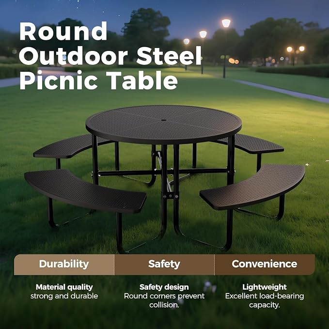 46" Coated Round Metal Picnic Table for 4-8 Person, Durable Heavy Duty Commercial Picnic Table with Umbrella Hole for Outdoor Coffee Shop, School, Easy to Install, Black