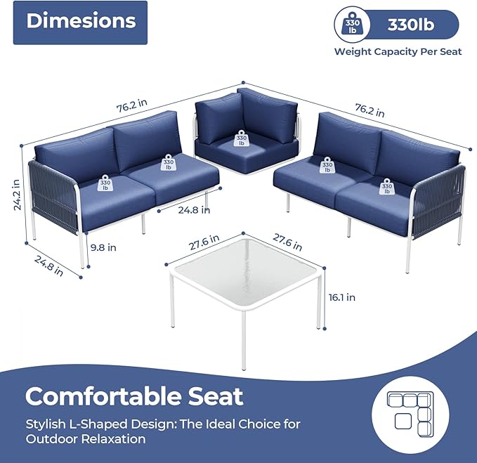 Patio Furniture Set, 6 Pieces Outdoor Couch Sectional, L Shaped Patio Set with PE Rope, Coffee Table, Waterproof Extra-Thick Cushions, Outdoor Seating Conversation Set for Balcony, Garden, Backyard