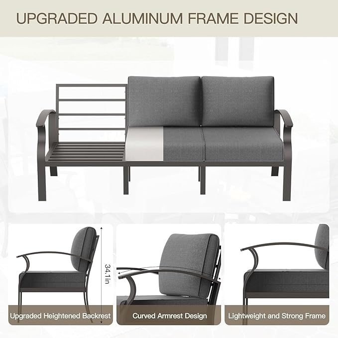 Aluminum Patio Furniture Set with Coffee Table,8 Seats Metal Modern Outdoor Furniture w/5.1" Thick Cushions,Patio Sectional for Patio,Backyard,Grey