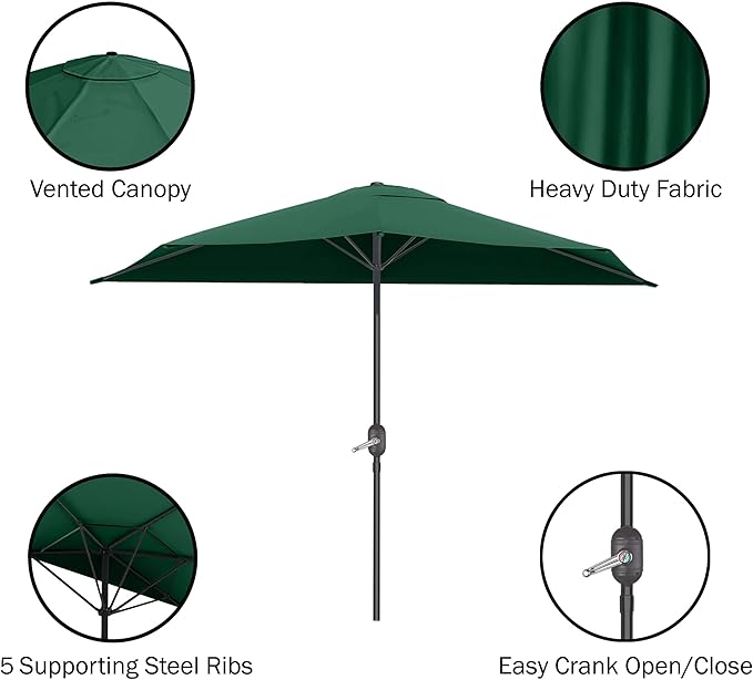 Half Umbrella Outdoor Patio Shade - 9 ft Patio Umbrella with Easy Crank and 20lb Weighted Base - Small Canopy for Balcony, Table, or Deck by Pure Garden (Dark Green)