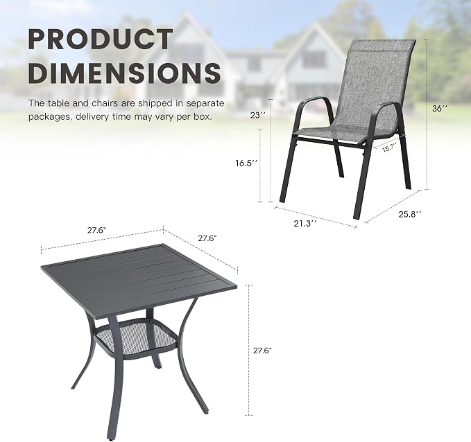 3 Pieces Outdoor Dining Set, 27.5" Square Table & Stackable Patio Dining Chairs, Patio Table and Chairs Set for Deck Garden Porch, Grey Chairs & Dark Grey Table