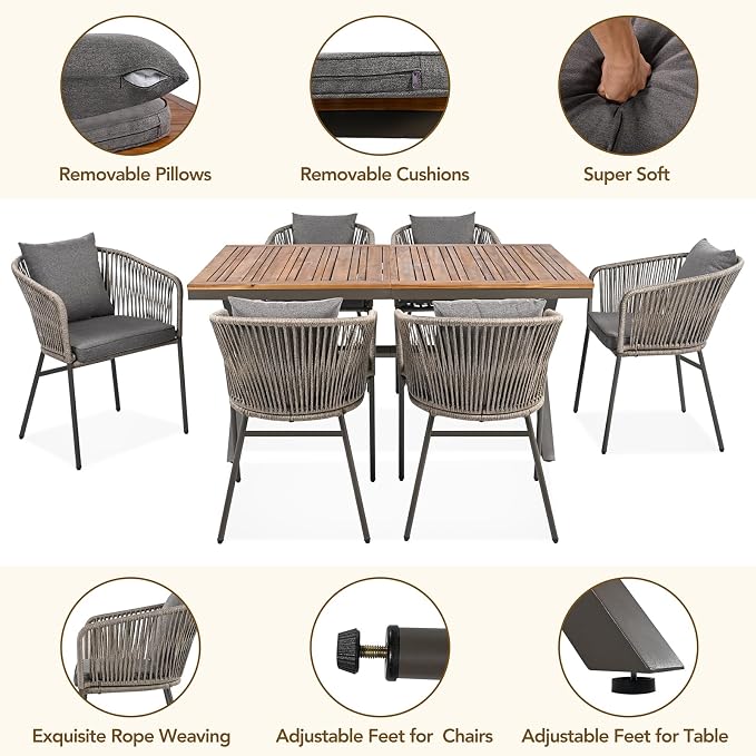 7PCS Outdoor Dining Set, Patio Table and Chairs Set for 6, Rope Weaving Patio Chairs with Thickened Cushions & Rectangular Dining Table with Metal Frame and Acacia Wood Tabletop, Gray