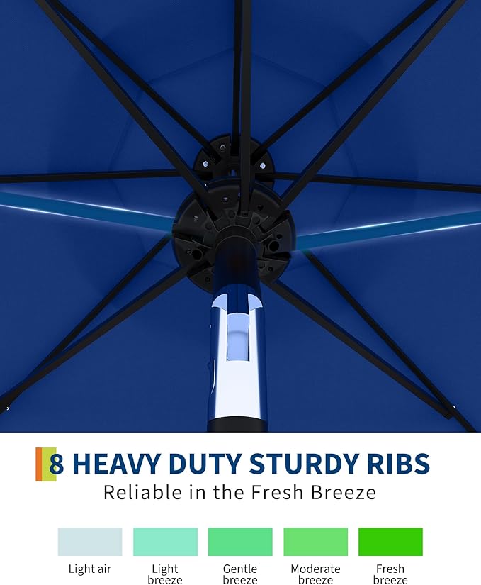 GarveeLife 10 ft Patio Umbrella with Solar Lights, 8 Ribs Outdoor Market Table Umbrella with 40 LED Lights & Tilt Crank for Pool, Deck, Backyard, Navy Blue