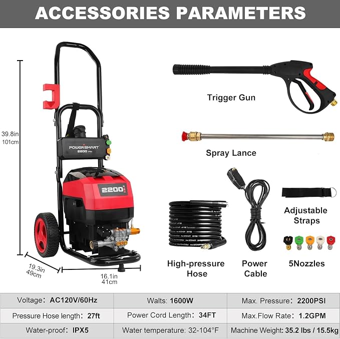 PowerSmart Electric Pressure Washer 2200 PSI 1.8 GPM 13Amp/1600W Motor with with 35FT Power Cord & 27FT Hose, Soap Tank,Spray Gun