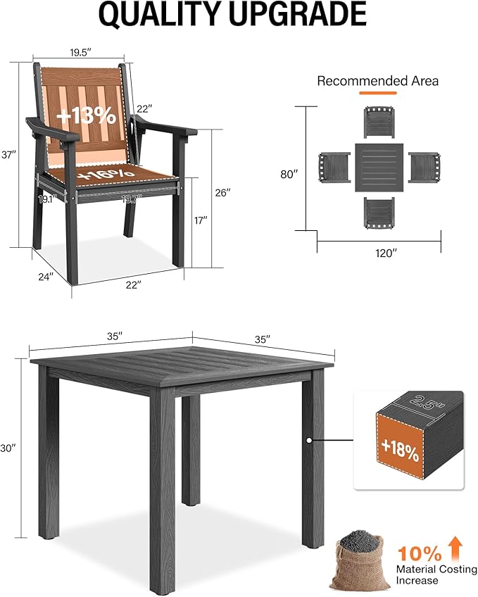 YEFU HIPS Patio Table Set: 5 Piece Outdoor Square Table and Chairs with Metal Aluminum Frame - Gray Modern Plastic Patio Dining Furniture Set 4 Person for Outside Deck