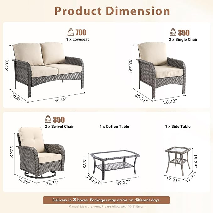 7 Pieces Outdoor Patio Furniture Set with Coffee Table, All Weather Wicker Patio Conversation Sets with Rocking Chairs, Balcony Furniture Sets for Backyard, Garden, Poolside, Beige
