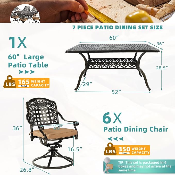 MEETWARM 7-Piece Outdoor Patio Dining Set, All-Weather Cast Aluminum Patio Conversation Set with 6 Cushioned Swivel Rocker Chairs for Backyard Garden Deck, 1 Rectangular Table, 2" Umbrella Hole