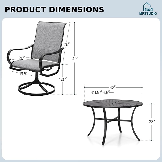 MFSTUDIO Outdoor Dining Set for 4，Round Patio Table and Chairs Set with Umbrella Hole, 5 Piece Patio Dining Set for Deck, Backyard, Poolside & Garden