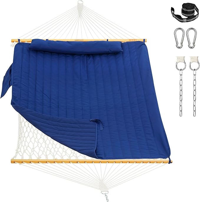 Lazy Daze Hammocks Rope Hammock with Pad, Spreader Bar, Carabiners, Tree Straps, Chains for Outside Patio- Max 450 Lbs, Navy Blue