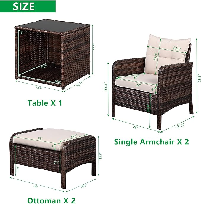HomVent 5 Piece Wicker Patio Furniture Set, PE Wicker Rattan Outdoor All Weather Patio Sofa and Ottoman, Outdoor Bistro Set Patio Conversation Set with 2 Cushioned Chairs, 2 Ottomans & Coffee Table
