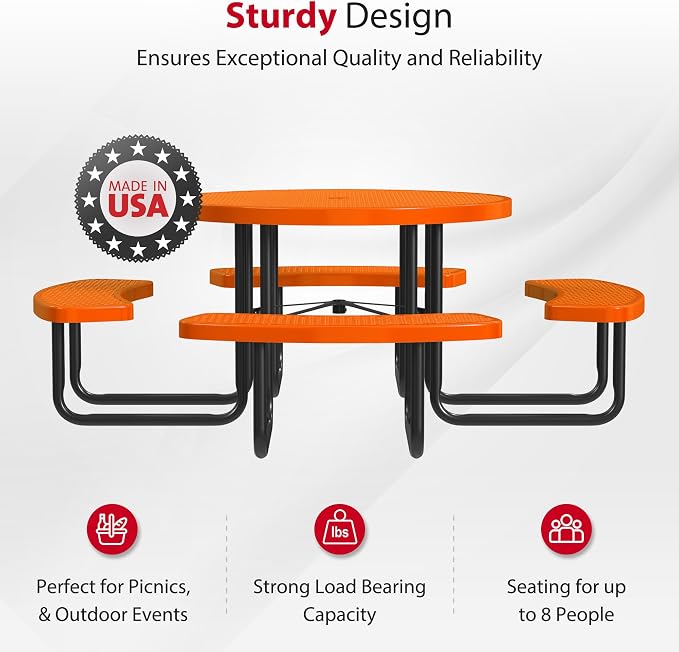 Leisure Craft Metal Picnic Table with Bench - 46" Round Outdoor Dining Table for 8 with Umbrella Hole, Weatherproof Heavy Duty Thermoplastic Coating, Commercial Grade Furniture Made in USA - Orange