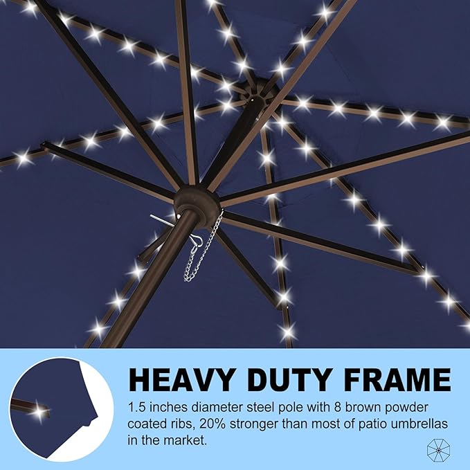 Eurmax USA 10-Year-Non-Fading 10FT 3-Tier Outdoor Patio Market Umbrella with LED Lights,UPF50+ UV Resistant,Commercial Grade,Crank Lift Design,Windproof Vented Top for Garden,Pool,Deck,Navy Blue