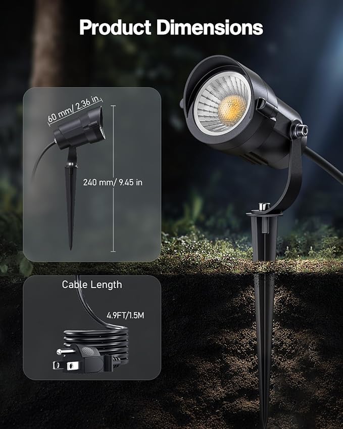 HIBOITEC 12W Spot Lights Outdoor 110V to 120V Landscape Lighting Waterproof Spotlight with 4.9ft 3-Plug LED Plug in Landscape Lights for Yard Gardern Decorations 2900K 1Pack