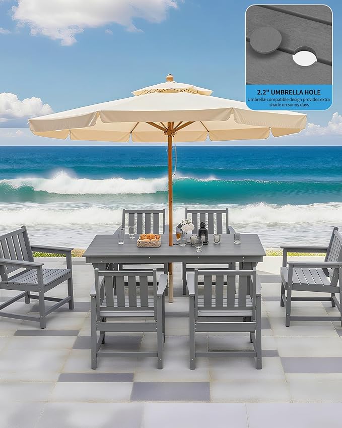 Outdoor HDPE Dining Table Set, 7-Piece Outdoor Patio Dining Sets with Umbrella Hole Cut-Out Table and 6 Chairs for Backyard, Deck, Garden and Poolside, Gray