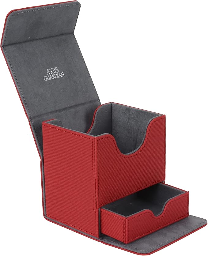 AEGIS GUARDIAN Card Deck Box with Dice Tray for MTG Cards, Commander Deck Box fit 150+ Sleeved Cards, PU Leather Card Storage Box Strong Magnet Deck Game Case for TCG CCG, Red