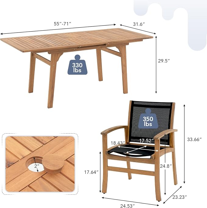OC Orange-Casual Patio Furniture Set, Acacia Wood Patio Dining Set for 6-8, Outdoor Expandable Table and Chairs Set with Umbrella Hole and Breathable Textilene Fabric for Garden (Black, 7 Pieces)