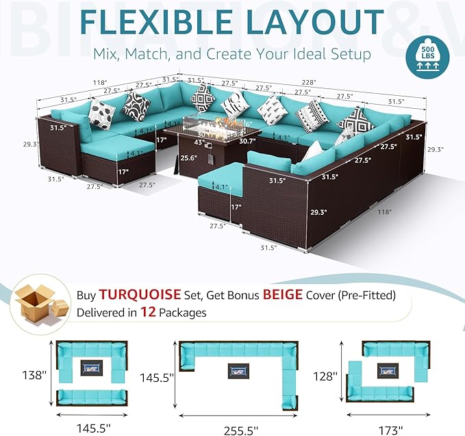 NICESOUL 15 Piece Outdoor Sectional with Fire Pit Table, Modern Luxury Patio Deep Seating w/Firepit, 29.3'' High-Back Wicker Couch Thick, Big High-Weight Capacity Sofa for Garden, Yard, Brown & Teal