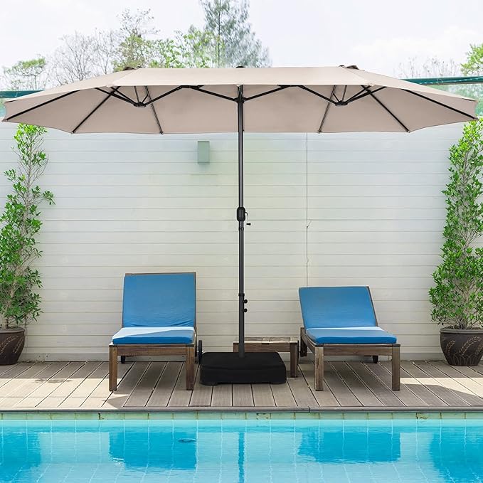 Tangkula 15FT Double-Sided Patio Umbrella, Outdoor Market Umbrella W/Hand-Crank System & Enhanced Base, Ultra-Large Twin Garden Umbrella W/ 12-Rib Structure for Residential & Commercial Use (Beige)