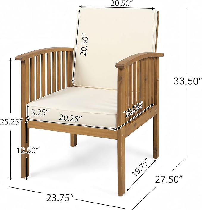 Christopher Knight Home Kiin 3 Pieces Outdoor Patio Furniture Set, Acacia Wood Patio Conversation Set, Side Table and Club Chairs with Cushion for Garden Backyard Balcony, Brown + Cream + Light Teak