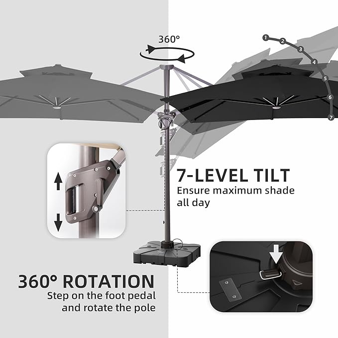 9 X 12 FT Cantilever Outdoor Patio Umbrella with Base Included Large Heavy Duty 360° Rotation Double Top Offset Rectangular Umbrellas with LED Lights for Backyard Outside Deck, Black