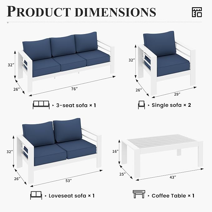 Aluminum Patio Furniture Set,Outdoor Metal Sectional Sofa with Table and Waterproof Covers,Blue Modern Patio Furniture Set for Garden Backyard (8-Piece)