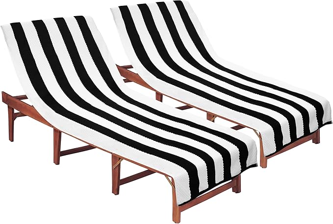 COTTON CRAFT Beach Lounge Chair Cover – 2 Pack Euro Spa Waffle Terry Towel Cabana Stripe Pool Chair Cover - 100% Cotton - 450 GSM Absorbent Quick Dry - Oversized 32 W x 82 L x 7 inch Pocket - Black