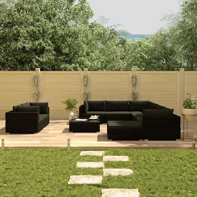 10 Piece Patio Lounge Set with Cushions, Outdoor Dining Sets Patio Conversation Set Outdoor Sofa Sets Sectional Sofa for Piazza Garden Exhibition Poolside Poly Rattan Black